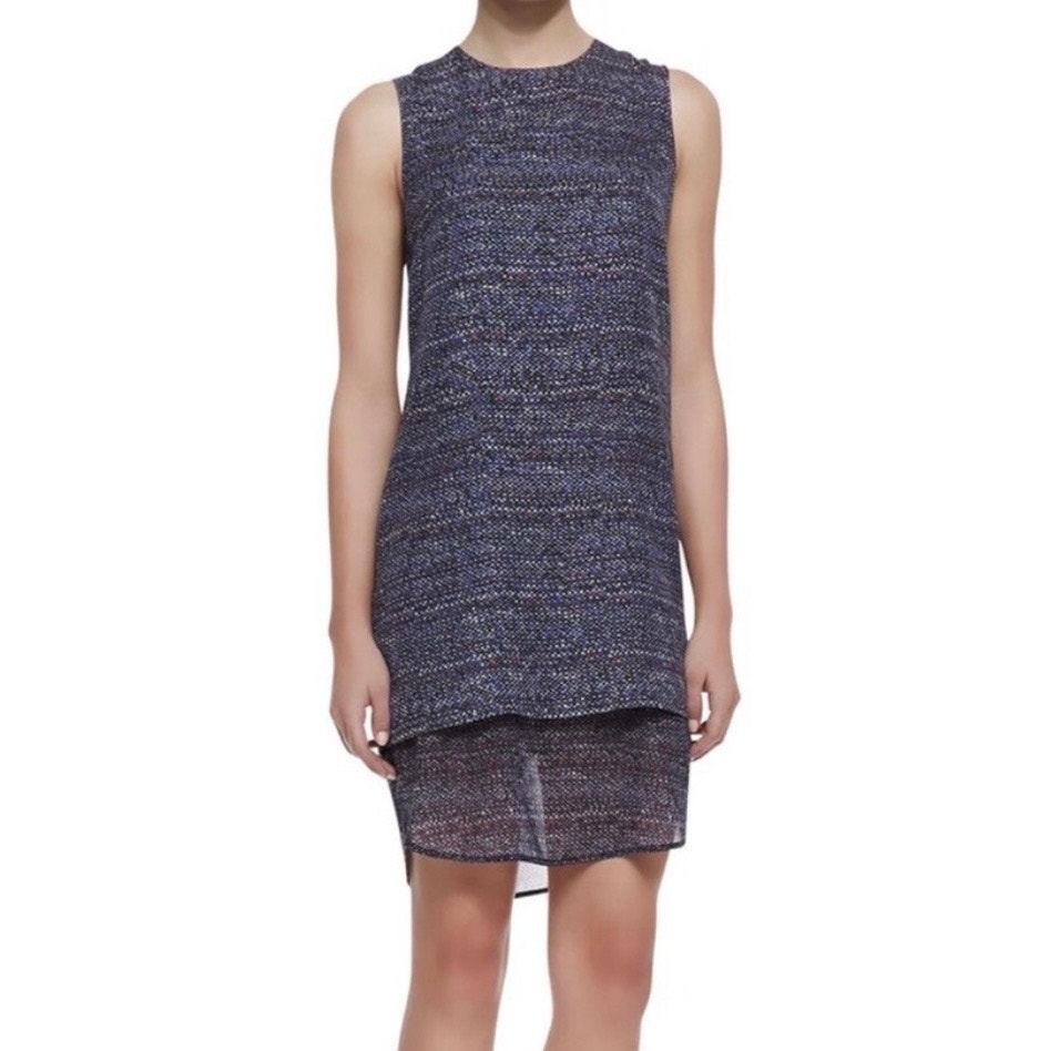 Theory Women's Layered Silk Shift Dress Sleeveless Blue Multicolor Print Size 10